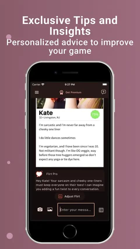 Flirt Pro schlägt eine Antwort unter einem Dating-Profil vor.